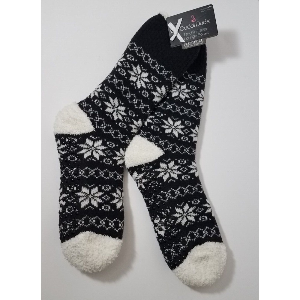Cuddl Duds Socks Women 4-10 Double Layer Lounge Plush Non-Skid Bottoms Black NEW